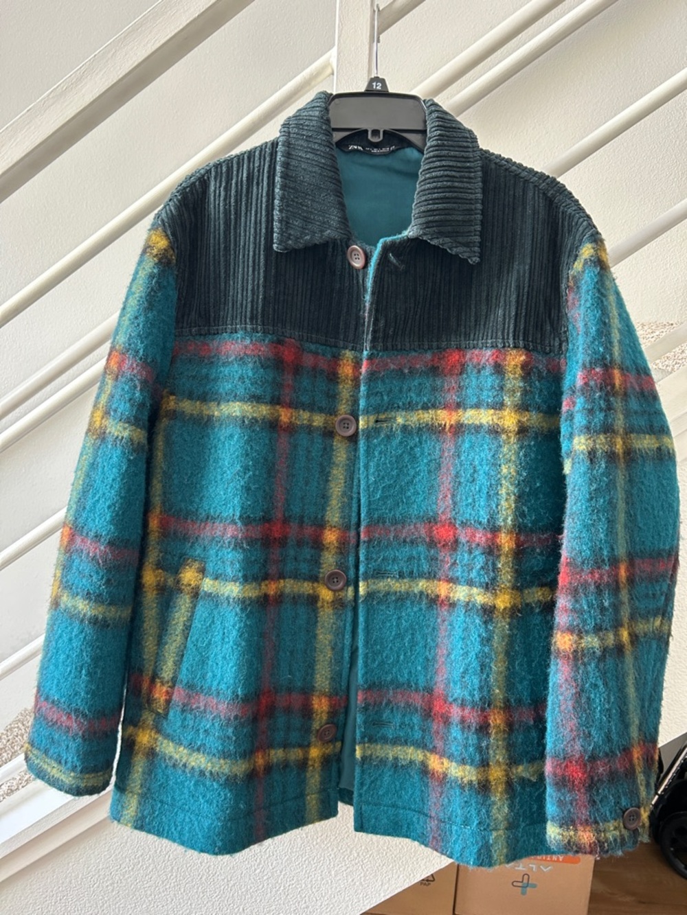 ZARA Plaid Mohair Style Overshirt Jacket with Corduroy Contrast — Size L